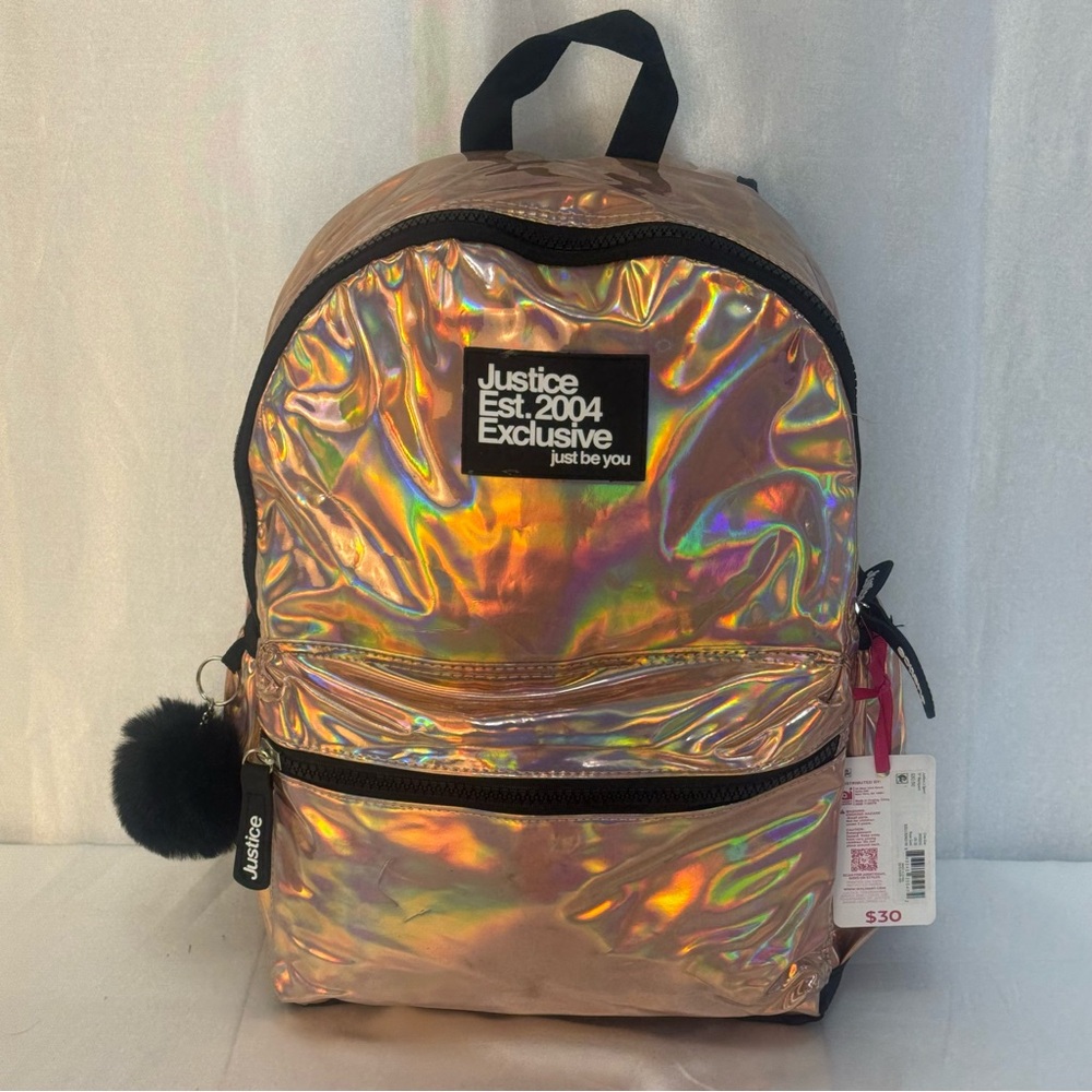 Justice Iridescent Shiny Metallic Rose Gold Student School Backpack
